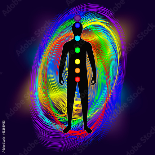 The aura of the body. The iridescent color marks the etheric, emotional, and astral layers. Chakras. Dark background. vector
