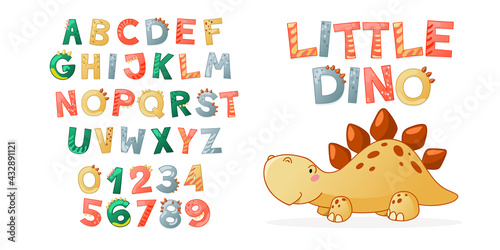 Cartoon cute Dinosaur alphabet. Dino font with letters and numbers. Children Vector illustration for t-shirts, cards, posters, birthday party events, paper design, kids and nursery design
