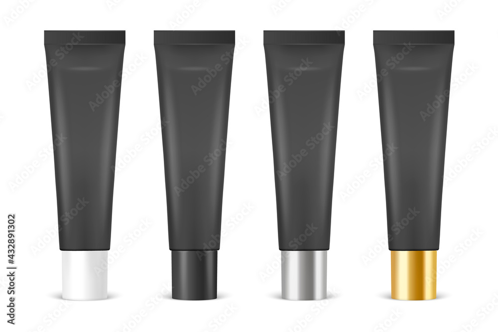Vector 3d Realistic Plastic, Metal Black Lip Balm, Lipstick, Cream Tube, Packing Set Isolated on White Background. Design Template of Toothpaste, Cosmetics, Cream, Tooth Paste for Mockup. Front View Vector 3d Realistic Plastic, Metal Black Lip Balm, Lipstick, Cream Tube, Packing Set Isolated on White Background. Design Template of Toothpaste, Cosmetics, Cream, Tooth Paste for Mockup. Front View