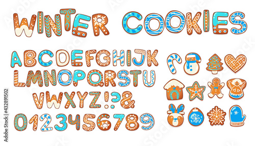 Christmas gingerbread cookies alphabet. Biscuit letters and characters for xmas messages and design. Vector illustration with sugar decorations.