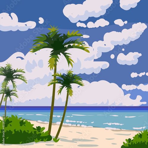 Tropical beach summer resort, seashore sand, palms, waves. Ocean, sea exotical beach landscape, clouds, nature. Vector illustration