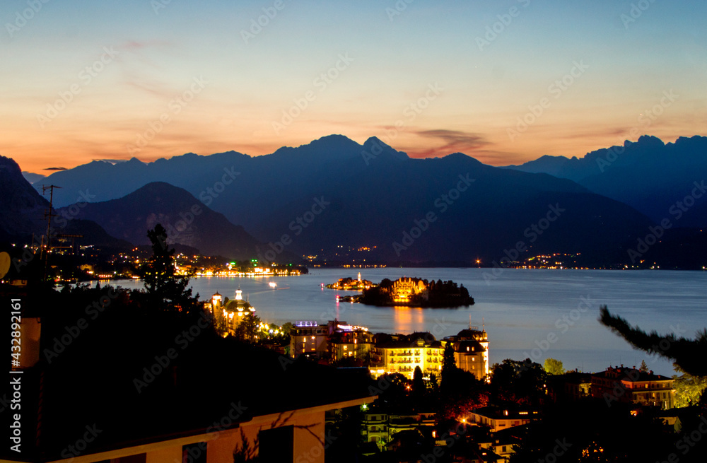 Amazing sunset scene on the lake and islands.Stresa,lake Maggiore,italian lakes,Italy.