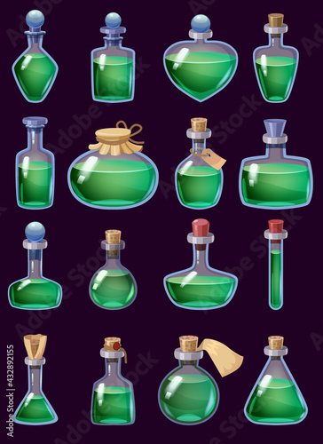 Set of Bottles liquid potion magic elixir colorful . Game icon GUI for app games user interface. Vector illstration isolated cartoon style on black background