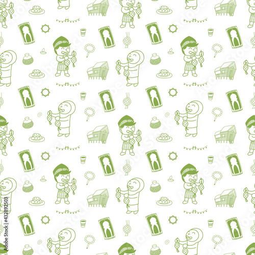 Cute happy boy and girl  Selamat Hari Raya meaning Eid Mubarak  background  seamless pattern  repeat  print  art