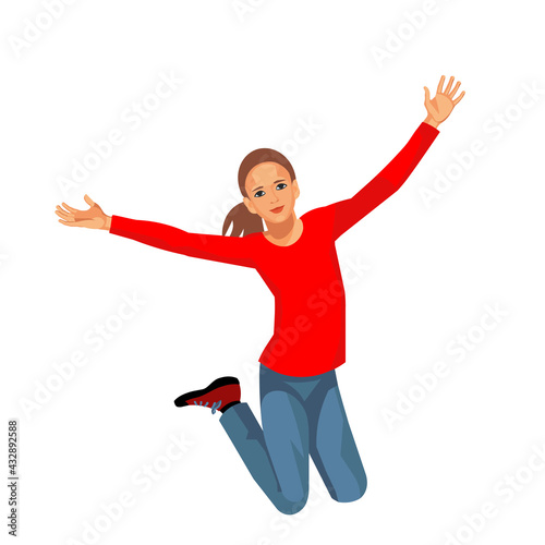 Teen girl vector isolated figure jumping and waving her hands