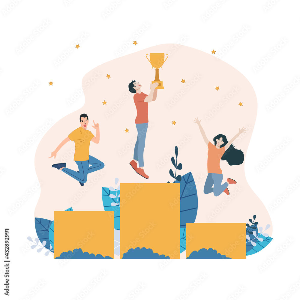 Business success. Cartoon people standing on winner stepped pedestal. Leadership concept. Characters achieve victory in competition. Happy workers with golden cup. Vector rewarding office employees