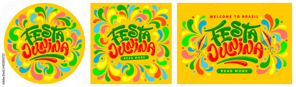 Festa Junina cards or banners templates set for Brazilian traditional festival with lettering calligraphy Festa Junina. Decorated with paper lanterns and colorful ornament. Vector illustration. Festa Junina cards or banners templates set for Brazilian traditional festival with lettering calligraphy Festa Junina. Decorated with paper lanterns and colorful ornament. Vector illustration.
