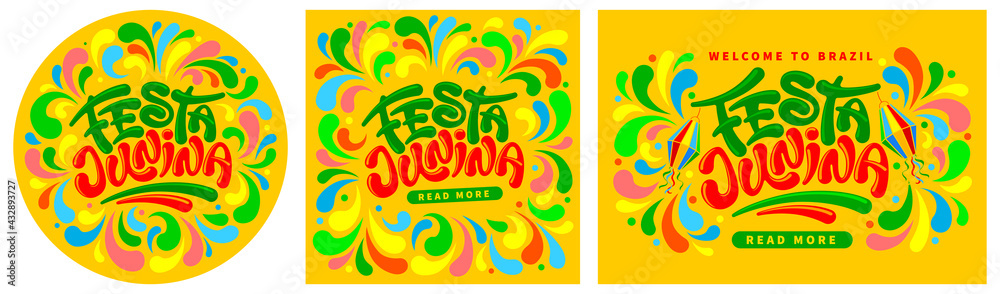 Festa Junina cards or banners templates set for Brazilian traditional festival with lettering calligraphy Festa Junina. Decorated with paper lanterns and colorful ornament. Vector illustration. 