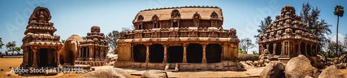 Panoramic view of Five Rathas are UNESCO's World Heritage Site located at Great South Indian architecture, Tamil Nadu, Mamallapuram, or Mahabalipuram photo