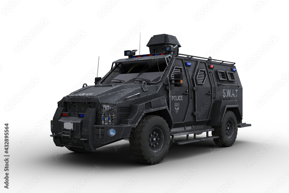 3D rendering of an armoured police SWAT vehicle isolated on white. - obrazy, fototapety, plakaty 