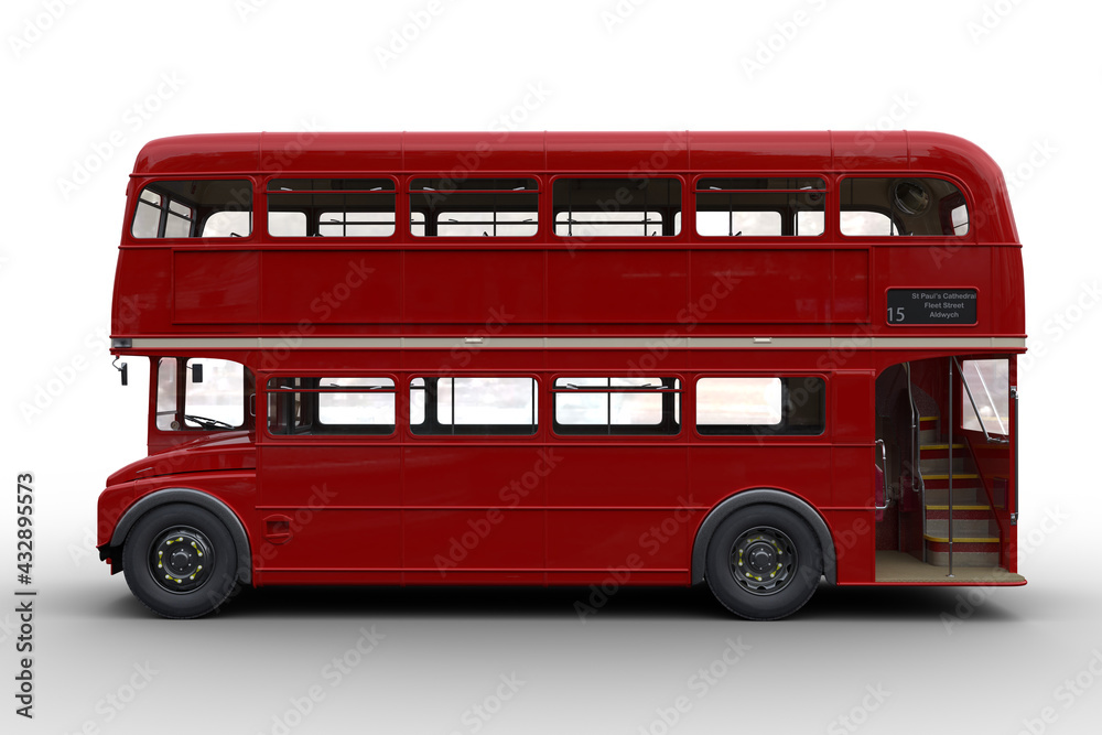 Side view 3D rendering of a vintage red double decker London bus isolated on white.