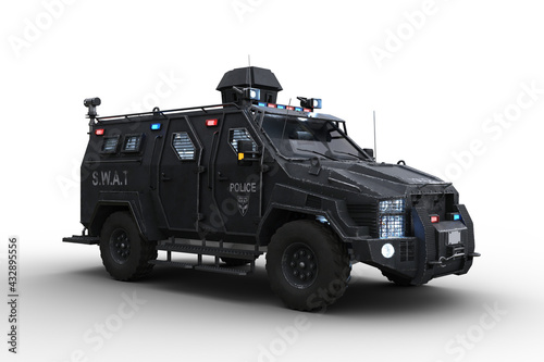 Quadro em tela 3D rendering of an armoured police SWAT vehicle with lights on isolated on white