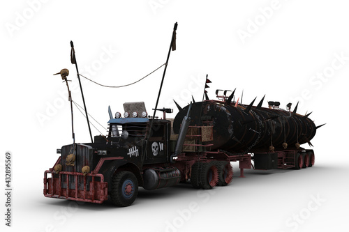 Foto 3D rendering of a huge post apocalyptic articulated truck isolated on white