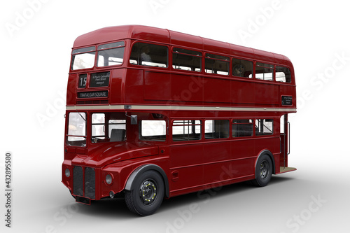 3D rendering of a vintage red double decker London bus isolated on white.