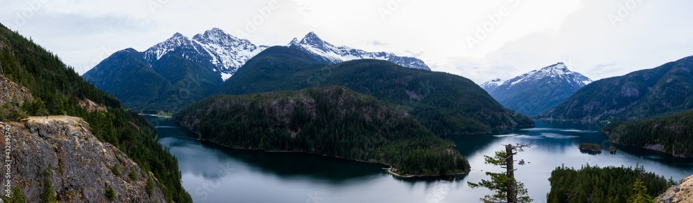 Diablo Lake reservoir at North Cascades National Park in Spring. Panorama wide angle view.