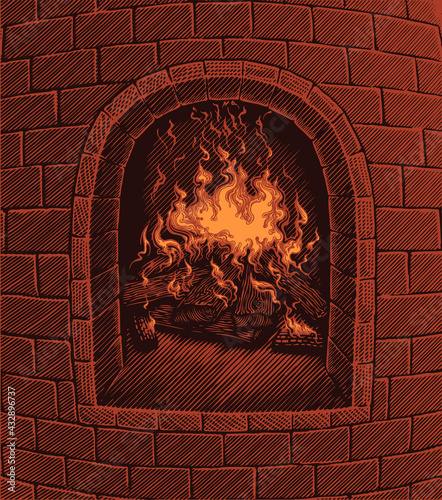 Fire in the hearth. Hand drawn engraving. Editable vector vintage illustration. 8 EPS
