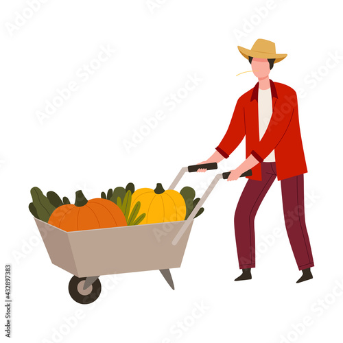 Man Farmer in Straw Hat Pushing Wheelbarrow with Ripe Vegetables Vector Illustration