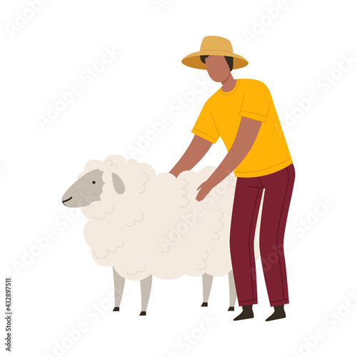 Man Farmer in Straw Hat Stroking Sheep Vector Illustration
