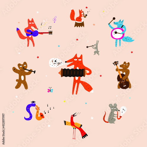  animals playing on musical instruments vector illustration , icon set