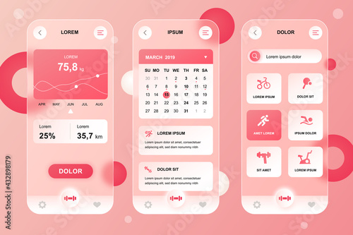 Fitness workout neumorphic elements kit for mobile app. Sports activity tracker, weight graph, calendar planner. UI, UX, GUI screens set. Vector illustration of templates in glassmorphic design