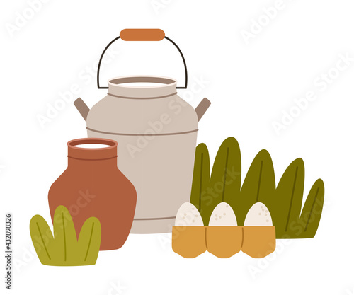 Milk Poured in Ceramic Jug and hurn and Eggs Vector Composition