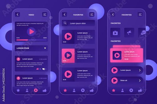 Video tube neumorphic elements kit for mobile app. Video playlist, multimedia content, feedback, webpage navigation. UI, UX, GUI screens set. Vector illustration of templates in glassmorphic design