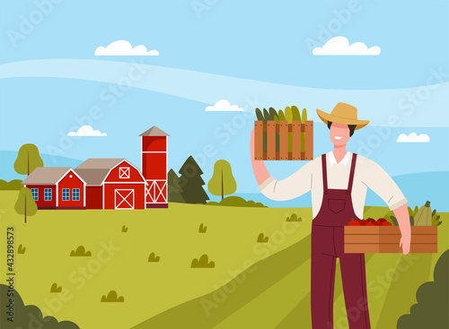 Country View with Man Farmer in Straw Hat Holding Wooden Crate with Ripe Vegetables Vector Illustration