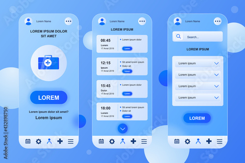 Medical services neumorphic elements kit for mobile app. Online account, doctor schedule, appointment, consultation. UI, UX, GUI screens set. Vector illustration of templates in glassmorphic design