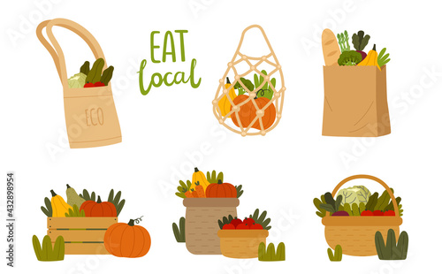 Local Organic Food and Eco Products in Basket and Shopping Bags Vector Set