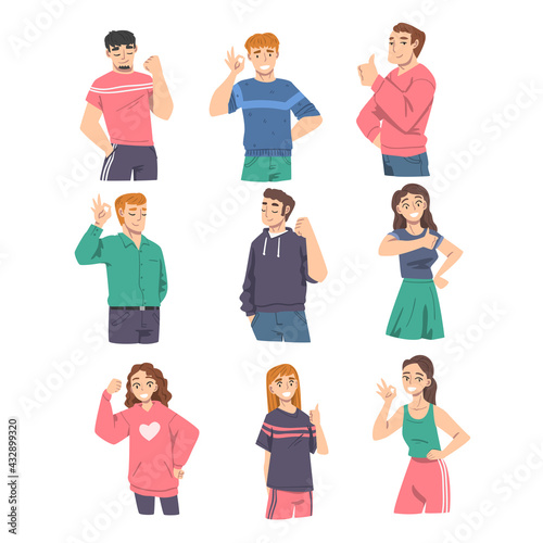 Smiling People Characters Showing Approving Gestures Like Fist Pump and Thumb Up Vector Illustration Set