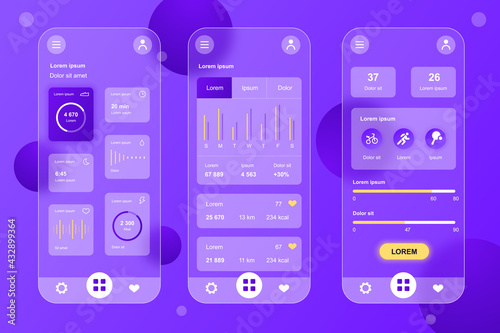Health Tracking neumorphic elements kit for mobile app. Body indicators, sports activities, calories, personal data. UI, UX, GUI screens set. Vector illustration of templates in glassmorphic design
