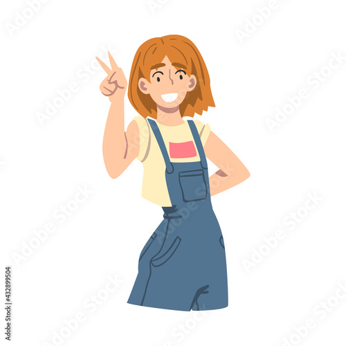 Elated Female Showing V Sign with Her Hand as Approval or Agreement Gesture Vector Illustration