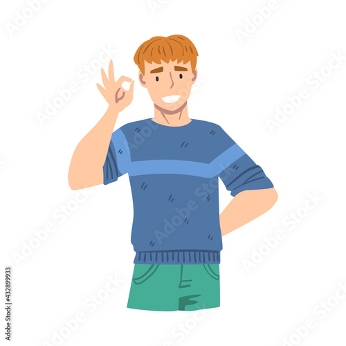 Smiling Male Showing OK Gesture as Approval or Agreement Sign Vector Illustration
