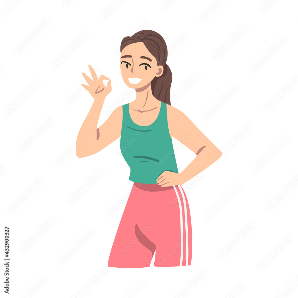 Smiling Female Showing OK Gesture as Approval or Agreement Sign Vector Illustration Smiling Female Showing OK Gesture as Approval or Agreement Sign Vector Illustration
