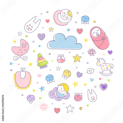 Cute Baby Care Template with Circle Arrangement Vector Illustration