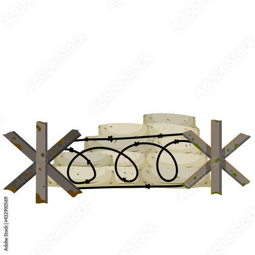 Military barricade of sandbags. Fortified firing point. Defense construction. Modern warfare. The wall of the bag. Outpost and barrier. Protective anti-tank obstacle.