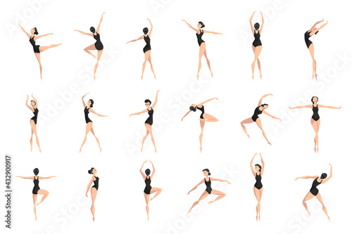 Young Barefoot Ballet Dancer in Bodysuit Practicing Movement Vector Set