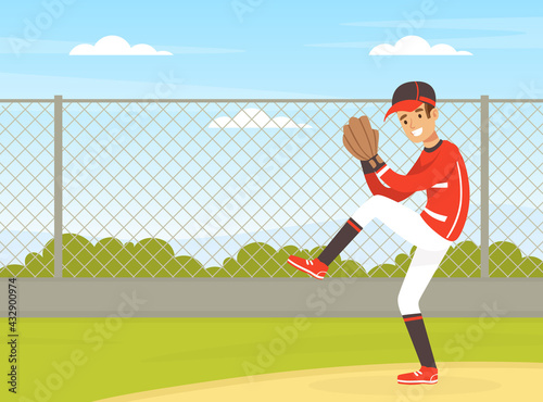 Young Man Character Playing Baseball or Bat-and-ball Game on the Field Vector Illustration