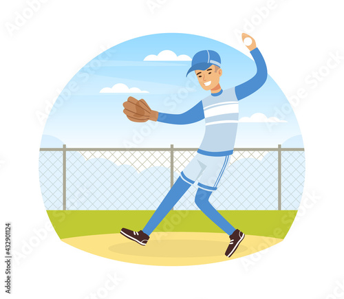Young Man Character Playing Baseball or Bat-and-ball Game on the Field Vector Illustration