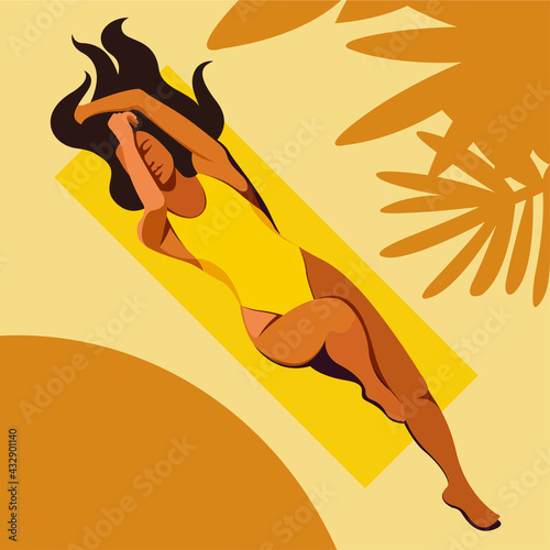 vector trendy illustration on the theme of summer holidays. beautiful young tanned girl in a yellow swimsuit sunbathes on the beach. useful for advertising summer vacations, resorts, hotels, beaches.