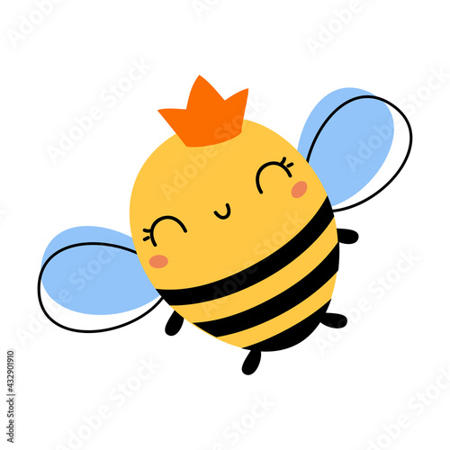 Cute Honey Bee Queen, Lovely Flying Insect Character Wearing Golden Crown Cartoon Vector Illustration