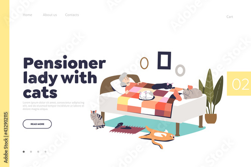 Pensioner lady with cats concept of landing page with senior woman sleeping in bed and pets around