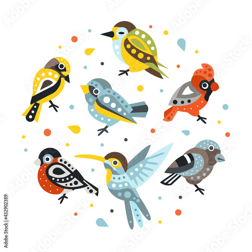 Cute Birds Set  Cute Small Birdies in Circular Shape Cartoon Vector Illustration