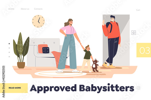 Approved babysitter concept of landing page with father leaving kids on young nanny at home