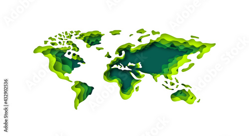 Papercut Style 3d World Map Isolated On White Background. Green Eco Concept. Vector illustration