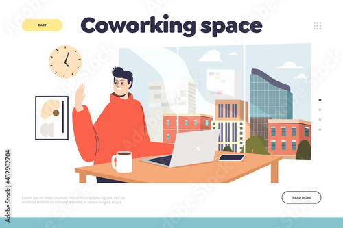 Coworking space concept of landing page with web designer or developer work on laptop in open office