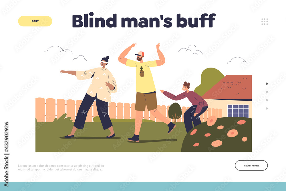 Blind man buff concept of landing page with happy family active leisure activity outdoors