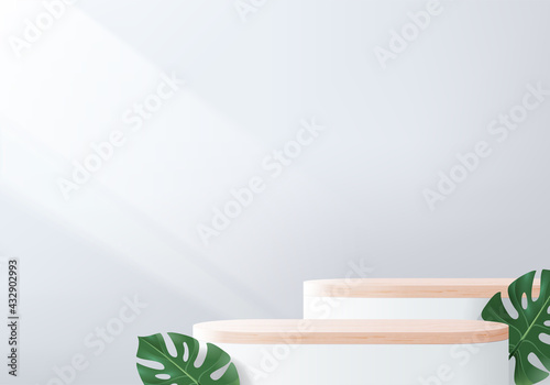 3d gray background product display wood podium with leaf geometric platform. grey background vector 3d render with podium. wood stand to show cosmetic product. Stage showcase on pedestal white display