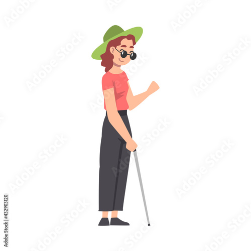 Blind Girl in Glasses with Walking Cane Cartoon Vector Illustration