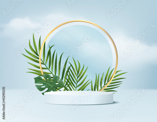 3d background products display podium scene with green leaf geometric platform. background vector 3d render with podium. stand to show cosmetic products. Stage showcase on pedestal display blue studio